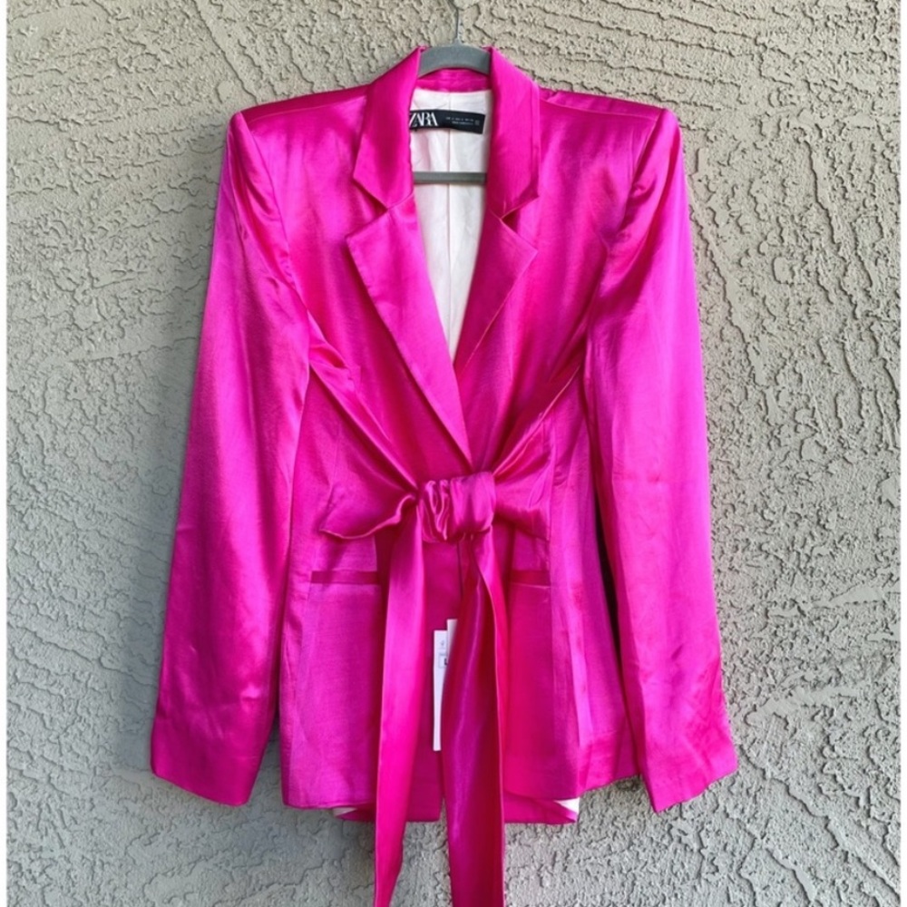 New Zara Pink Satin One Button Structured Tie Sash Front Blazer - Picture 11 of 16